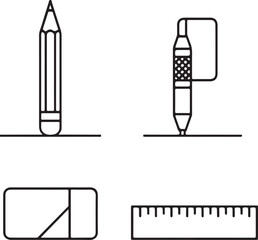 Stationery Items  Pencil, Mechanical Pen, Eraser, and Ruler Black and White Vector Illustration.eps