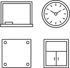 School Items Chalkboard, Wall Clock, Notice Board, and Cabinet Black and White Vector Illustration.eps