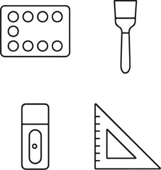 Art Tools  Paint Palette, Flat Brush, Pencil Sharpener, and Triangle Ruler  Black and White Vector Illustration.eps