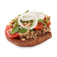 Delicious bruschetta with tuna, tomato, onion and arugula isolated on white