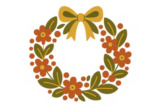 Floral wreath with autumn flowers and leaves, decorative bow ribbon, folk art style, transparent background - Powered by Adobe