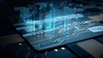 A glowing digital world map hovers above a credit card, symbolizing global financial transactions and technological connectivity. - Powered by Adobe