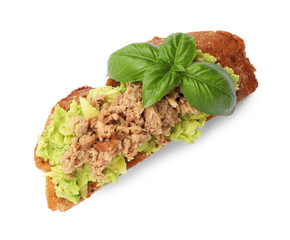 Delicious bruschetta with tuna, avocado and basil isolated on white, top view