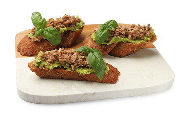 Delicious bruschettas with tuna, avocado and basil isolated on white