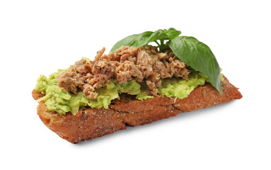 Delicious bruschetta with tuna, avocado and basil isolated on white