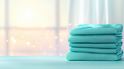 Stack of teal fabric sheets on table with soft morning light and bokeh effect
