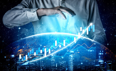 A creative depiction of a hand reaching toward graphical representations of growth, signifying data analysis and market trends against a high-tech city backdrop. Impute