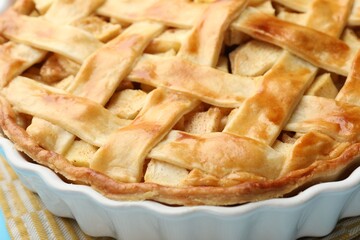 Tasty homemade apple pie on table, closeup