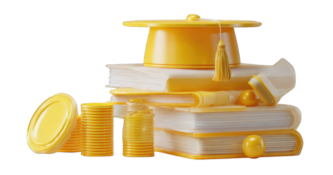 Stacked yellow books, graduation cap, and coins