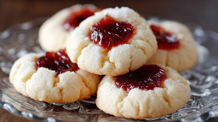 A delightful stack of thumbprint cookies with a red jam center, perfect for holiday baking and enjoying a sweet treat.