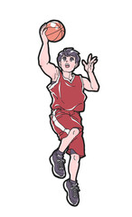 レイアップシュートをする赤いウェアの男子バスケットボールプレーヤーのイラスト