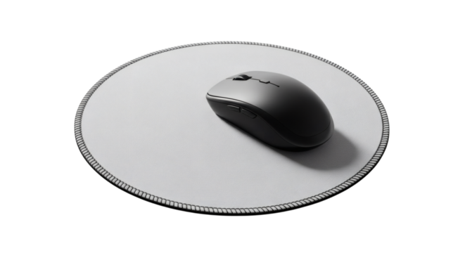 Minimalist Dark Wireless Computer Mouse on a Round Mousepad for Ergonomic Comfort