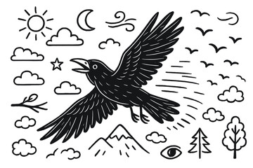 Obraz premium Raven in Flight. Raven flight. Hand-drawn doodle illustration Raven flight wings spread, feather trail, sky, clouds, mountain, branch, flock of birds, wind