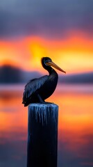 Fototapeta premium Silhouette of pelican perched on wooden post against vibrant orange and purple sunset sky over calm water, creating dramatic coastal wildlife scene.