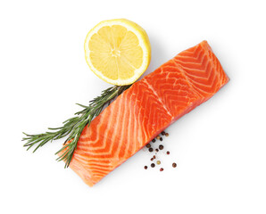 Piece of salmon fillet with spices isolated on white, top view