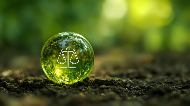 Glass sphere with scales of justice symbol resting on soil against blurred green forest background, representing environmental law and nature conservation. - Powered by Adobe