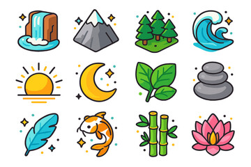 Obraz premium Colorful Nature Icons. Calm nature elements. Colorful isometric vector icons set of calm nature elements: waterfall, mountain peak, pine forest, ocean wave,