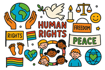 Fototapeta premium Unity for Rights. Human rights movement. Colorful Hand-drawn doodle Children illustration Human rights movement earth, open hands, dove, candle, protest signs,