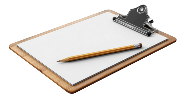 Wooden clipboard with blank paper and pencil