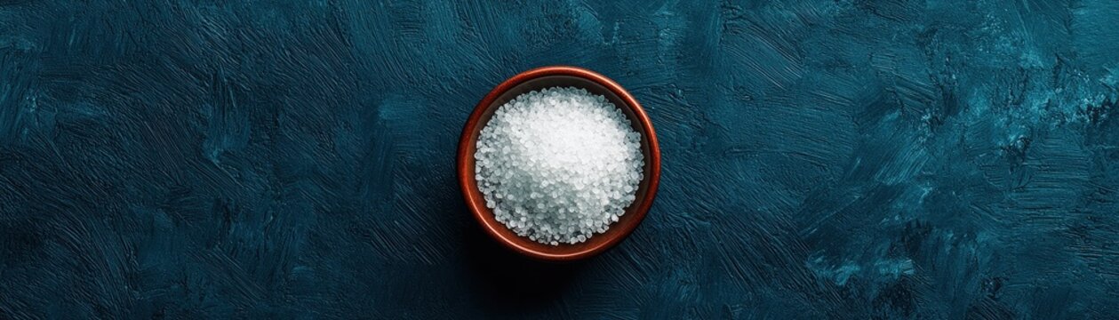 Coarse sea salt crystals in a rustic terracotta bowl on a textured dark blue background