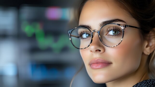 Young professional woman with stylish glasses looking at financial data on blurred trading screen background, representing business analysis and investment.