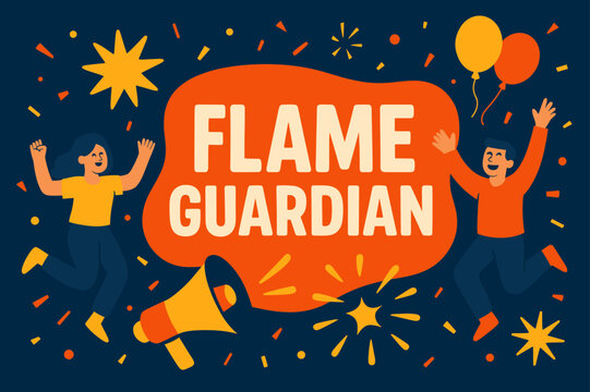 Flame Guardian Celebrated. Flame Guardian banner, flat vector illustration, bold oversized text inside rounded blob, cartoon characters jumping and waving