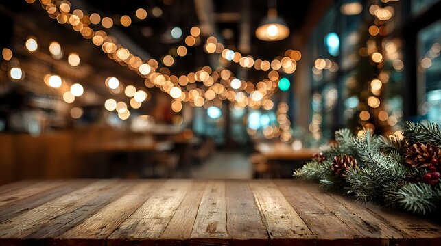 Rustic wooden table with festive pine branches against blurred restaurant background with warm string lights creating holiday atmosphere.