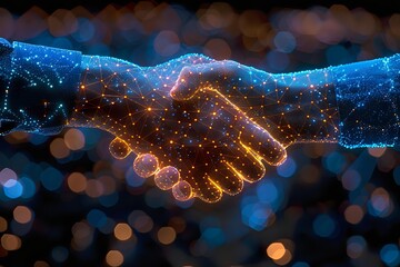 Glowing digital handshake formed by connected dots and lines against dark background with bokeh lights, representing business networking and technological partnership.