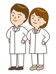 腰に手を当てて斜め上を見つめる若い男女の医師