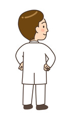 Obraz premium 腰に手を当ててこちらを振り返る若い男性医師