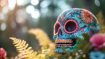 Decorative sugar skull in turquoise and pink with floral patterns on blurred natural background with golden fern leaves and bokeh lights. Day of Dead celebration.