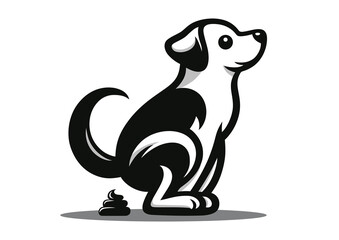 Dog in process of defecation, black and white vector silhouette