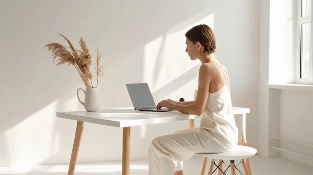 ミニマルな環境で女性が後ろ姿でパソコン作業する光景