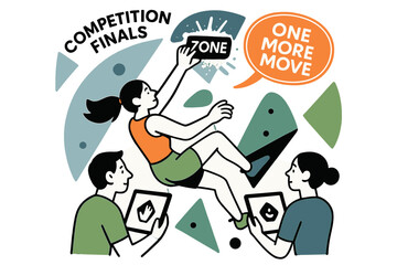 Obraz premium Dynamic Climbing Finals. Competition Finals ? Zone Hold. Chalk explodes as fingers latch ?ZONE?; judges? tablets blink in minimal icons. ?One more move? echoes