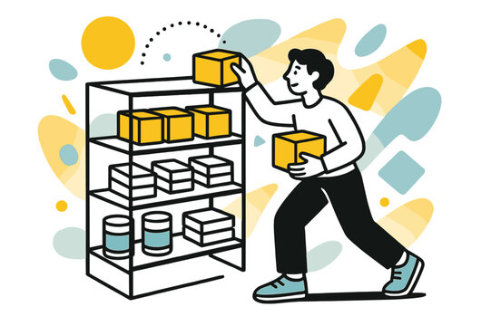 Geometric Supply Restock. Restocking Supplies. Person refilling supply shelves with floating abstract geometric shapes and soft light accents, organized and
