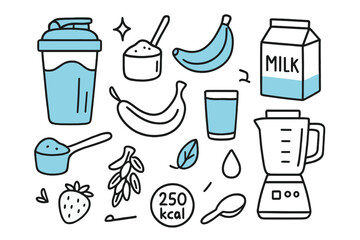 Protein Shake Essentials. Protein shake ingredients. Hand-drawn doodle illustration protein shake ingredients [shaker cup (accented), scoop (accented), powder