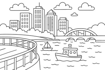 Fototapeta premium Riverside Coloring Fun. City embankment scene children?s coloring book illustration, outlined drawing, simple tall buildings behind a curved railing beside a