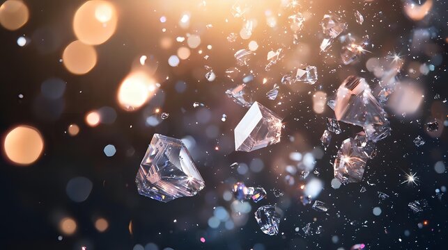 Sparkling diamond crystals floating in dark space with glowing bokeh lights and magical particles creating luxurious atmosphere for jewelry advertising.
