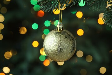 Fir tree with Christmas lights and bauble, closeup. Bokeh effect