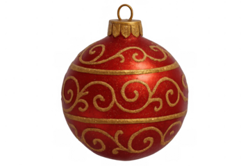 Red christmas bauble with gold ornate patterns on a transparent background, symbolizing festive holiday decoration
