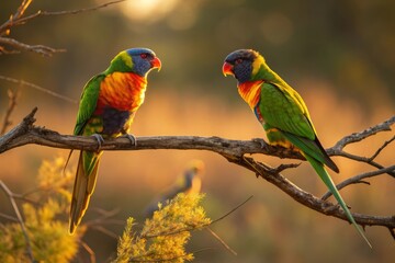 Naklejka premium Colorful Lorikeets Perched on Branches During Sunset in Natural Habitat