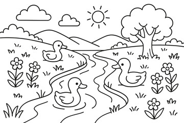 Obraz premium Countryside River Coloring. Countryside river scene children?s coloring book illustration, outlined drawing, gentle river flowing between grassy banks with