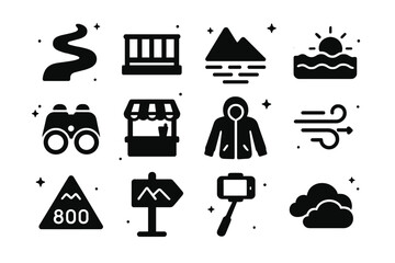 Iconic Overlook Experience. Mountain and sea overlook ride. Solid icons set of Mountain and sea overlook ride: switchback road, overlook railing, mountain