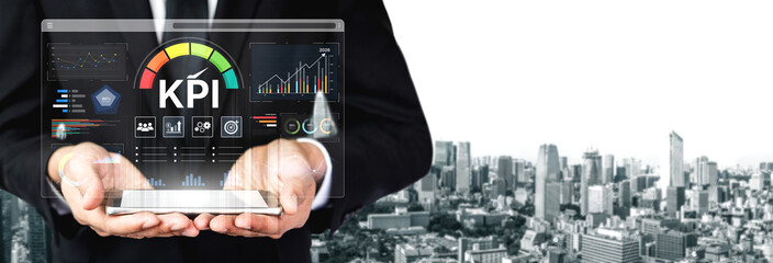 A business intelligence dashboard displaying various Key Performance Indicators (KPI). The data...