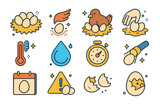 Egg Incubation Icons. egg care and incubation. Colorful isometric vector icons set of egg care and incubation: clutch of eggs, brood patch warmth, incubating