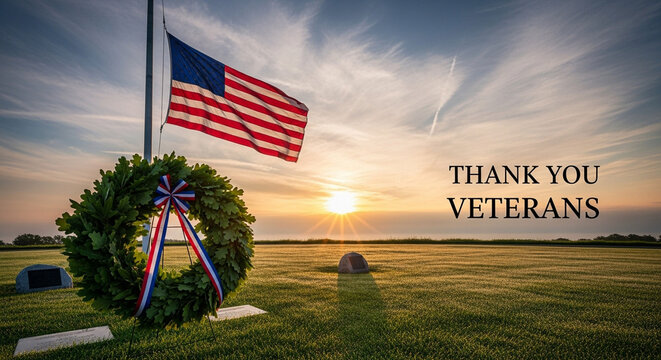 🇺🇸 American Flag at Half Mast with Wreath at Sunset &ndash; Veterans Day Tribute, Honor