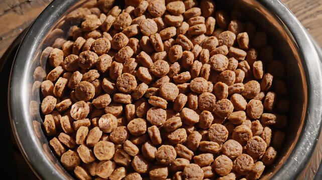 A dog's dry food bowl sits adjacent to a human cereal bowl on a rustic wooden table, cleverly highlighting the amusing contrast between what we eat and what our pets enjoy.