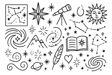 Cosmic Doodle Icons. Star maps and cosmic art. Hand-drawn doodle illustration Star maps and cosmic art constellation grid, compass rose, telescope, starburst,