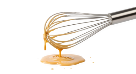 Stainless Steel Whisk with Creamy Beige Sauce Dripping isolated PNG with Transparent Background