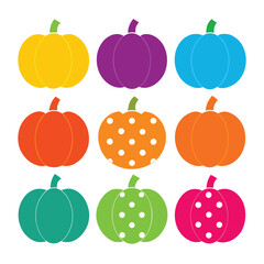 set of colorful pumpkins on white background